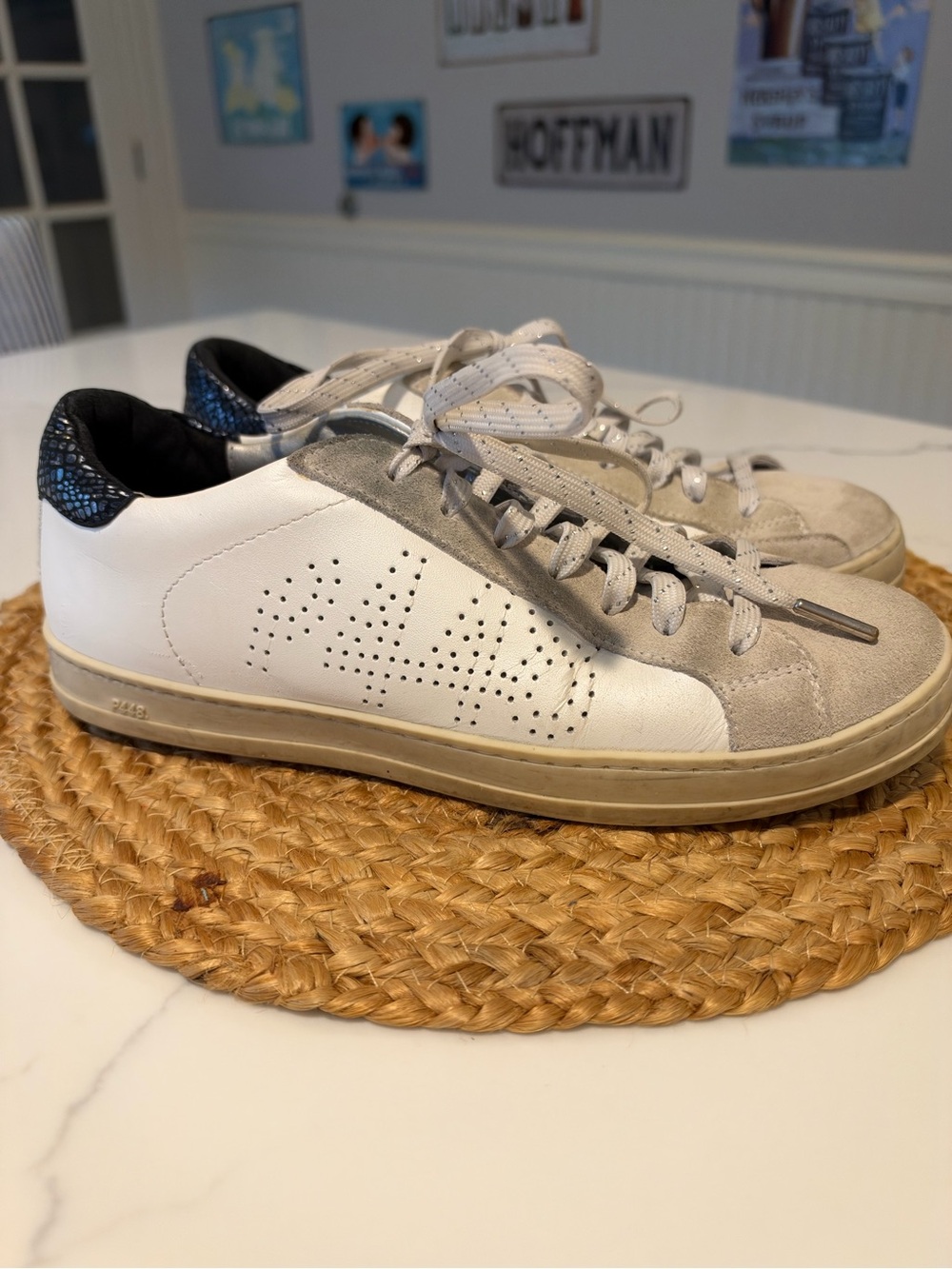 P448 Women’s 39 Casual White, Navy Gray Leather Suede Sneakers